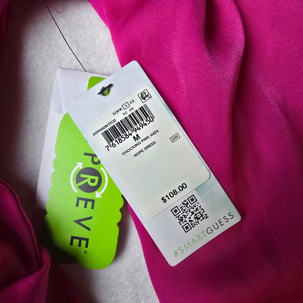 GUESS NWT Hope Dress Shocking Pink Satin Logo Print Belted Ruffle Shirt Dress M - Picture 4 of 14
